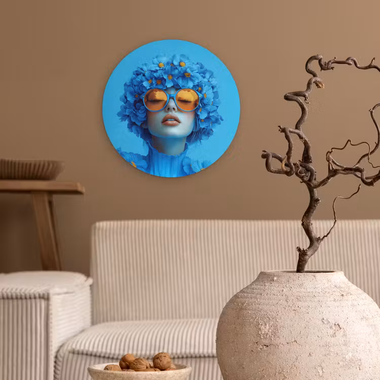 Muurcirkel - Vrouw - Bloem - Blauw - Modern - Bril - Portret — 2