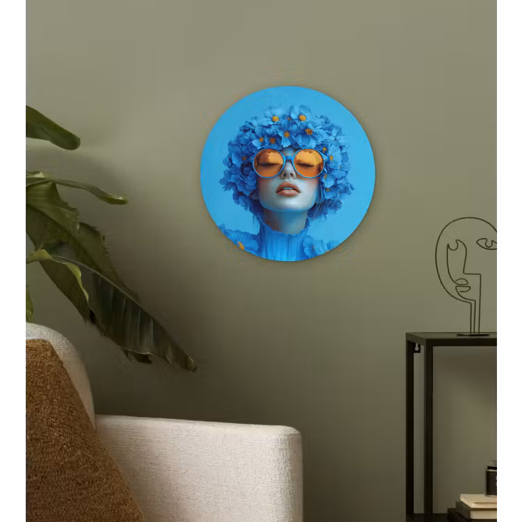 Muurcirkel - Vrouw - Bloem - Blauw - Modern - Bril - Portret — 3