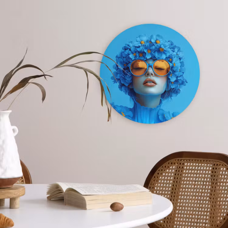 Muurcirkel - Vrouw - Bloem - Blauw - Modern - Bril - Portret — 4