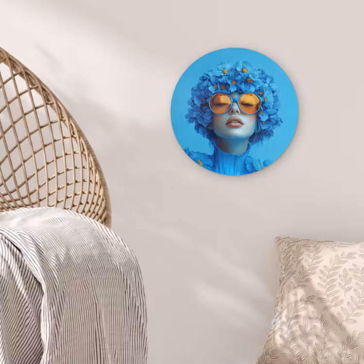 Muurcirkel - Vrouw - Bloem - Blauw - Modern - Bril - Portret — 5