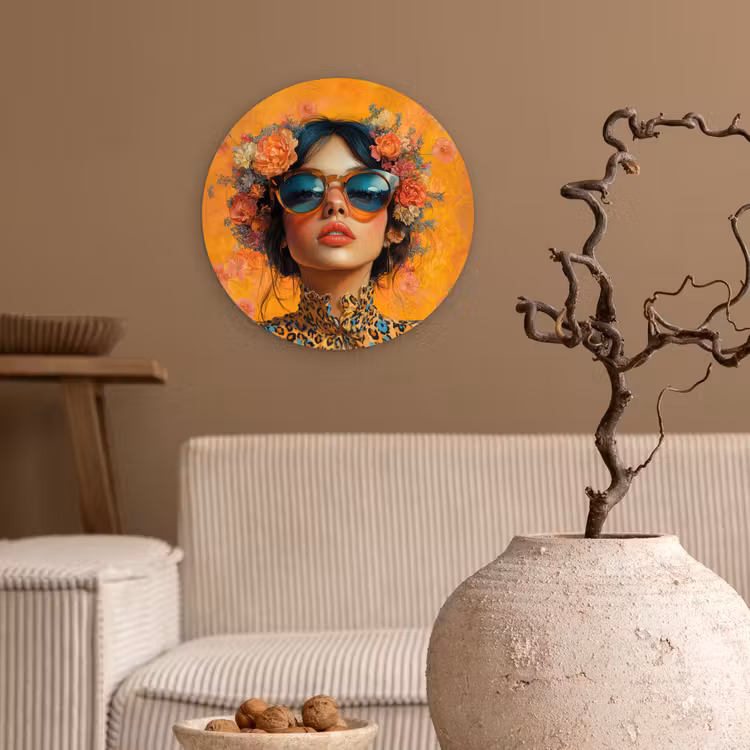 Muurcirkel - Vrouw - Bloemen - Aesthetic - Oranje — 2