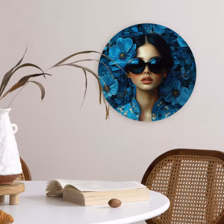 Muurcirkel - Vrouw - Bloemen - Blauw - Aesthetic - Luxe — 4