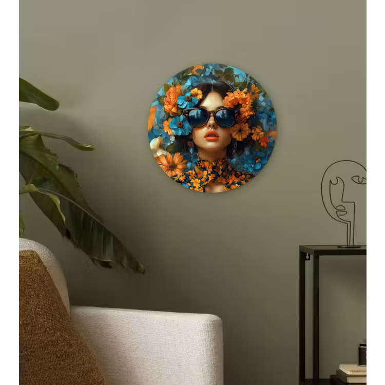 Muurcirkel - Vrouw - Bloemen - Oranje - Blauw - Modern — 3