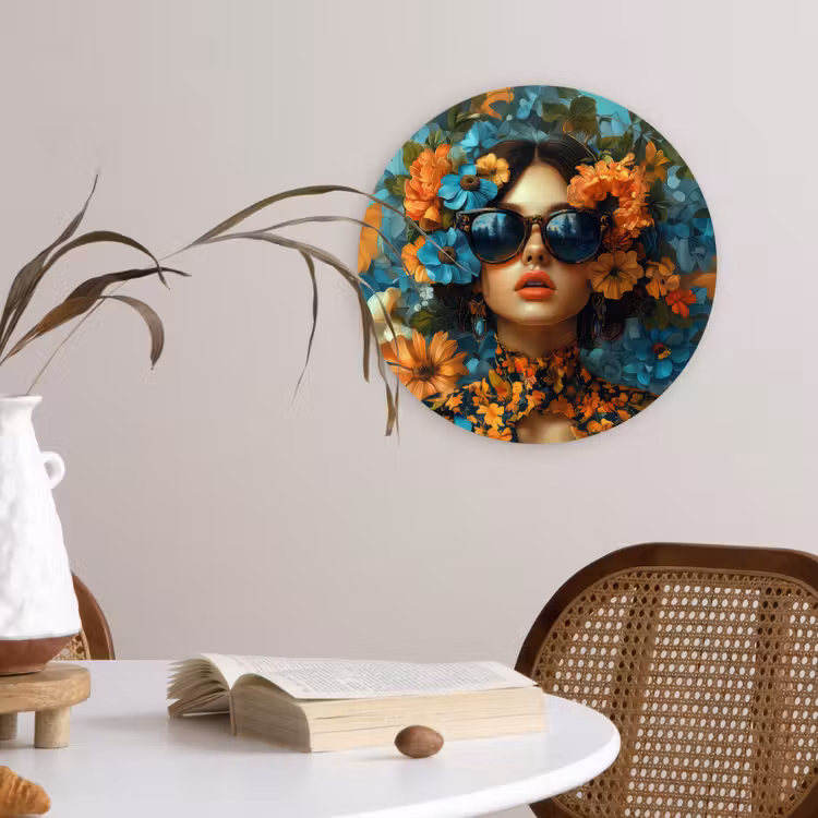 Muurcirkel - Vrouw - Bloemen - Oranje - Blauw - Modern — 4