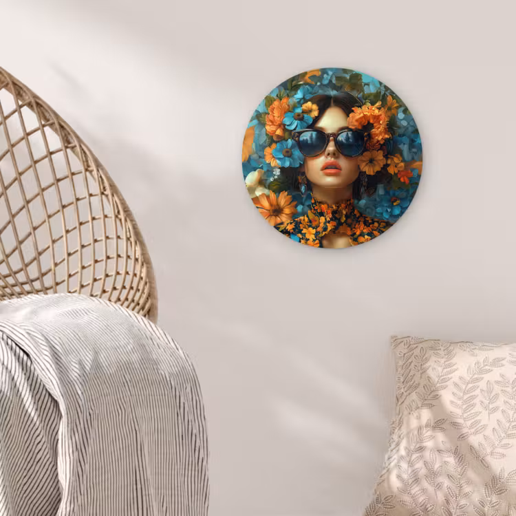 Muurcirkel - Vrouw - Bloemen - Oranje - Blauw - Modern — 5