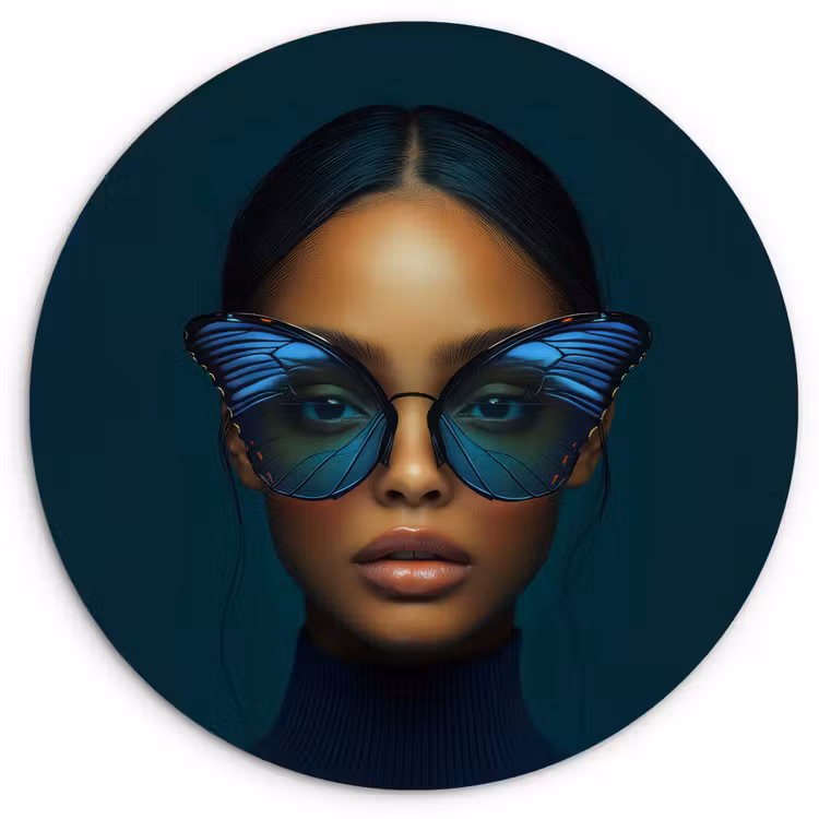 Muurcirkel - Vrouw - Vlinder - Bril - Blauw - Modern - Portret — 1