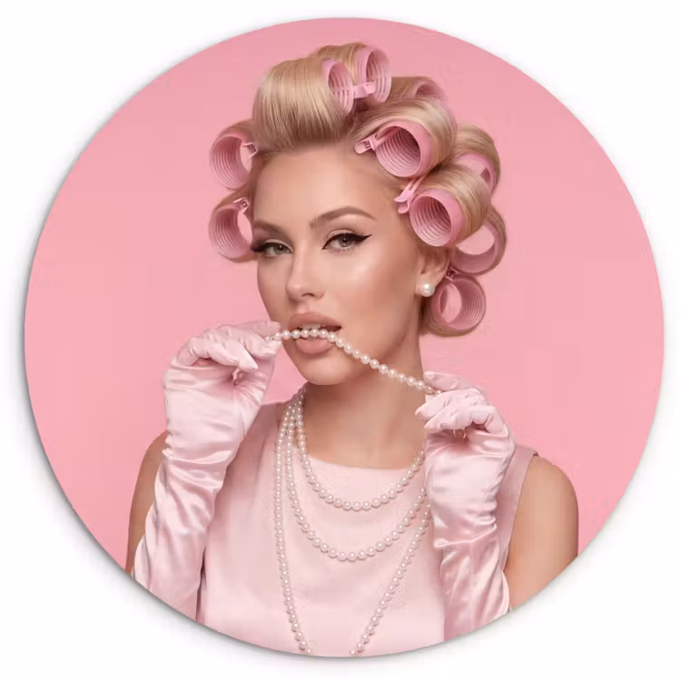 Muurcirkel - Vrouw - Roze - Parelketting - Krulspelden — 1