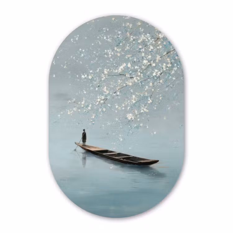 Muurovaal aluminium - Bloesems - Minimalistisch - Wateroppervlak - Boot — 1