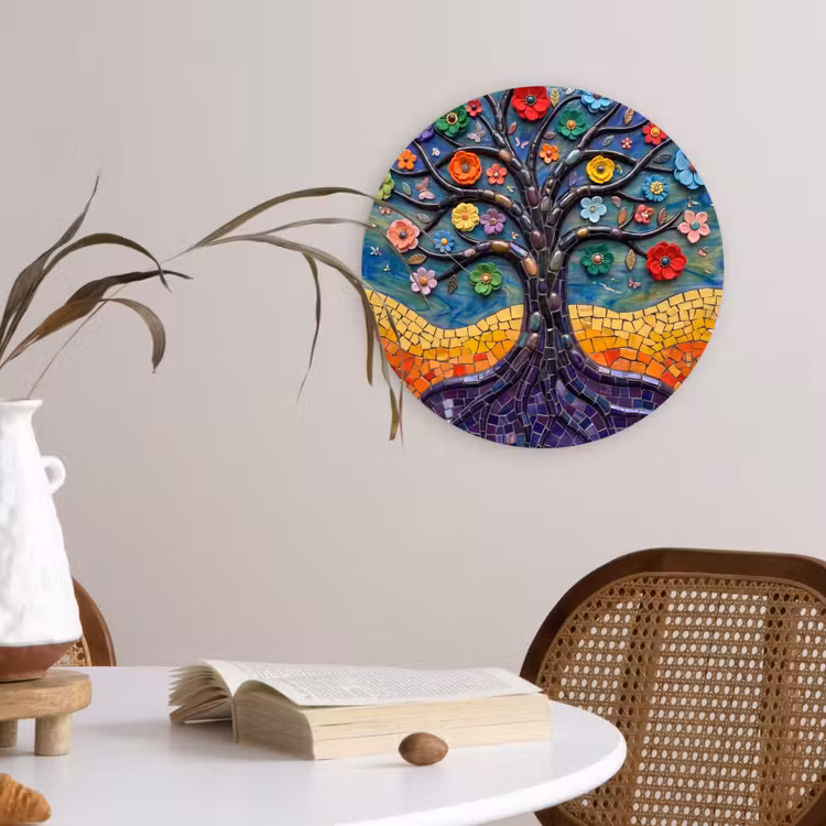 Muurcirkel - Levensboom - Mozaïek - Bloemen - Kleurrijk - Vrolijk — 4