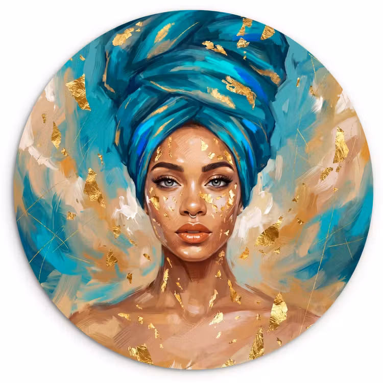 Muurcirkel - Portret - Vrouw - Schilderij - Blauw - Goud - Expressief — 1