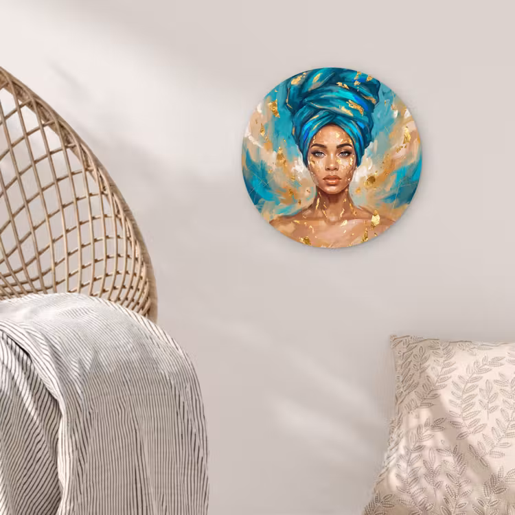 Muurcirkel - Portret - Vrouw - Schilderij - Blauw - Goud - Expressief — 5