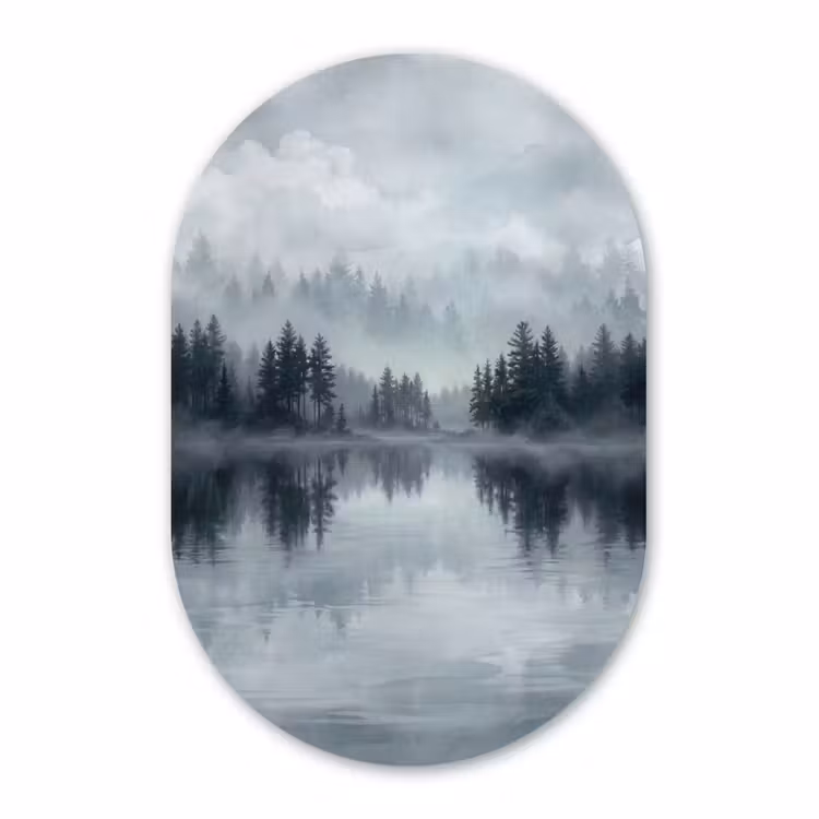 Muurovaal aluminium - Bos - Meer - Mist - Natuur - Grijs — 1