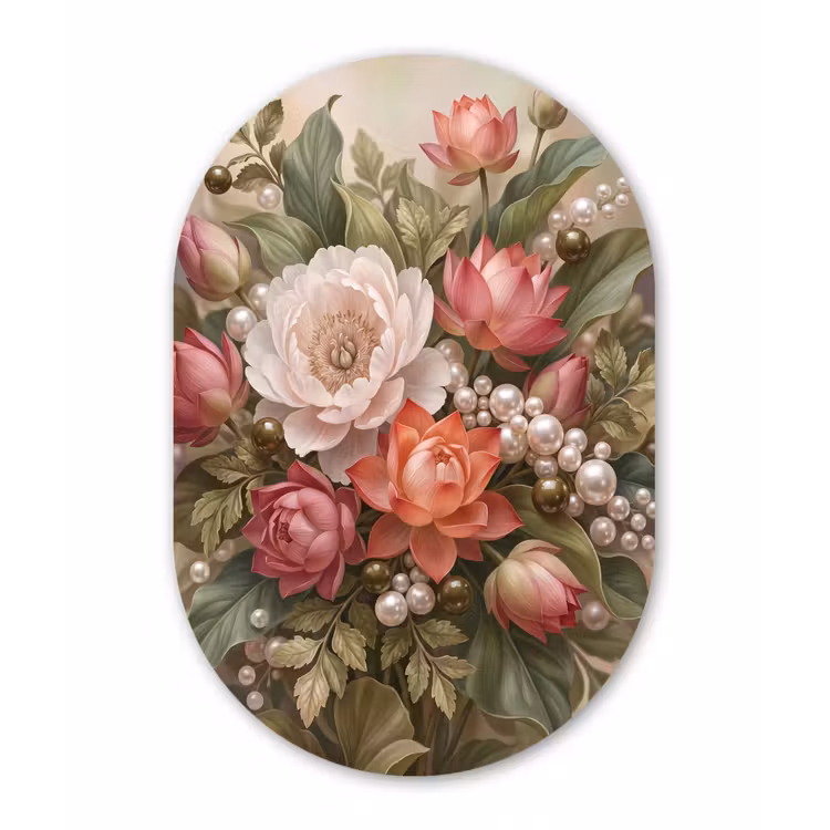 Muurovaal aluminium - Bloemen - Parels - Elegant - Roze - Wit — 1
