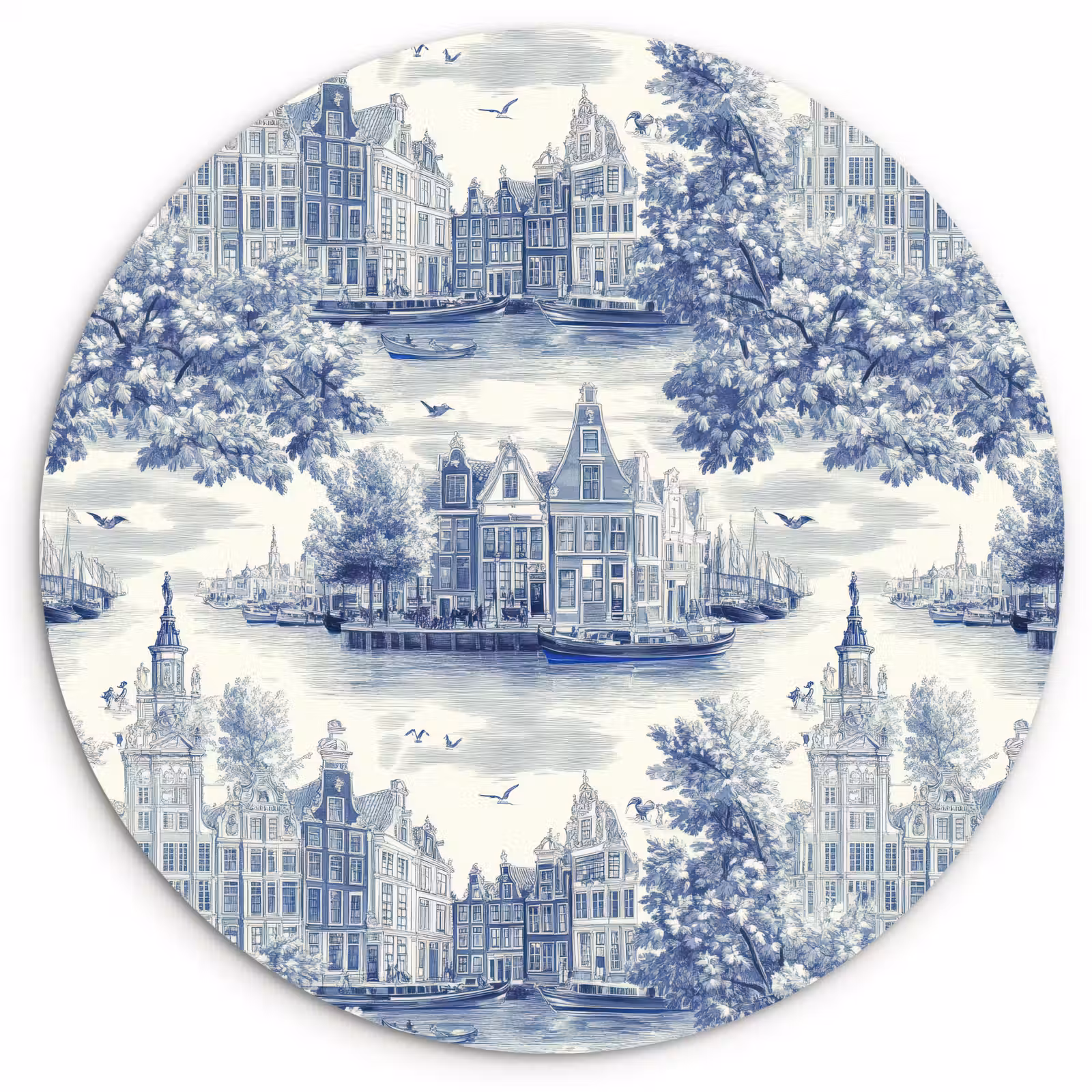 Muurcirkel - Huizen - Bomen - Water - Vogels - Blauw — 1