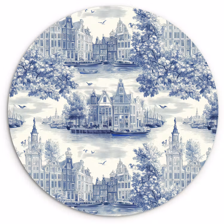 Muurcirkel - Huizen - Bomen - Water - Vogels - Blauw — 1