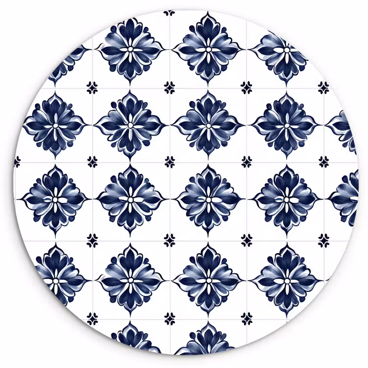 Muurcirkel - Tegelmotief - Blauw - Wit - Bloem — 1