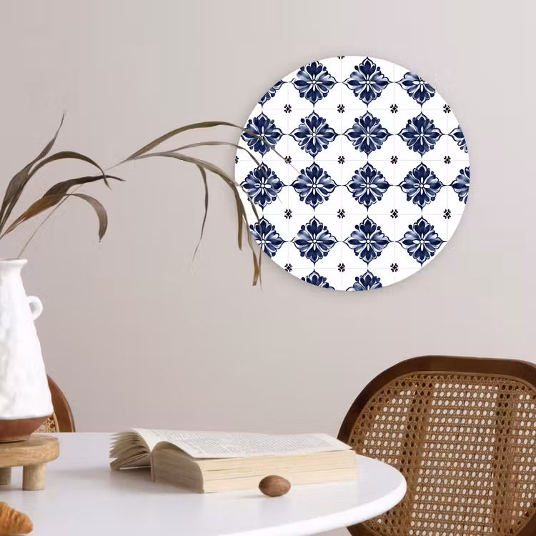 Muurcirkel - Tegelmotief - Blauw - Wit - Bloem — 4