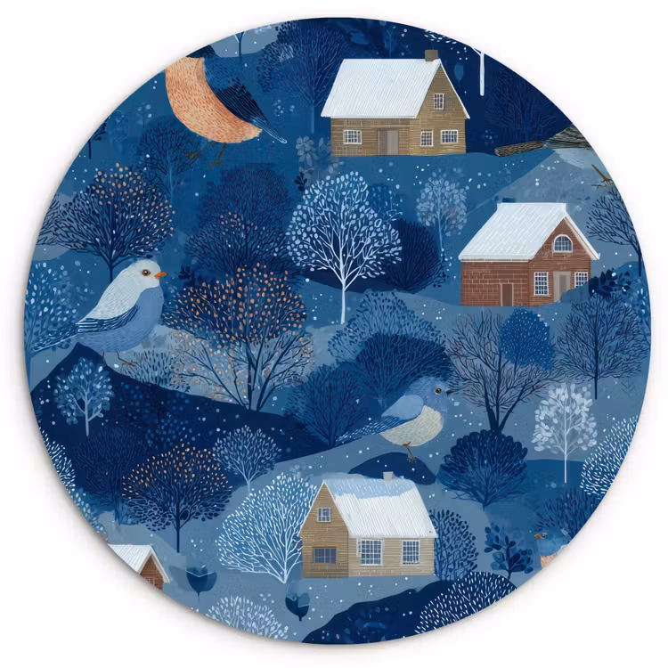 Muurcirkel - Huisjes - Vogels - Sneeuw - Winter - Blauw — 1
