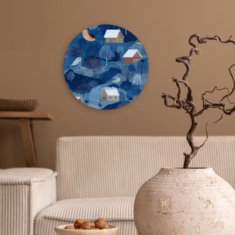 Muurcirkel - Huisjes - Vogels - Sneeuw - Winter - Blauw — 2