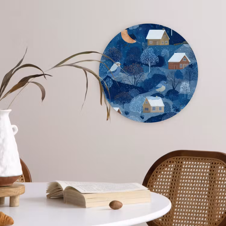 Muurcirkel - Huisjes - Vogels - Sneeuw - Winter - Blauw — 4
