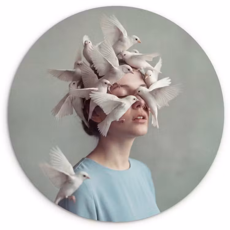 Muurcirkel - Vrouw - Vogels - Abstract - Modern - Wit — 1