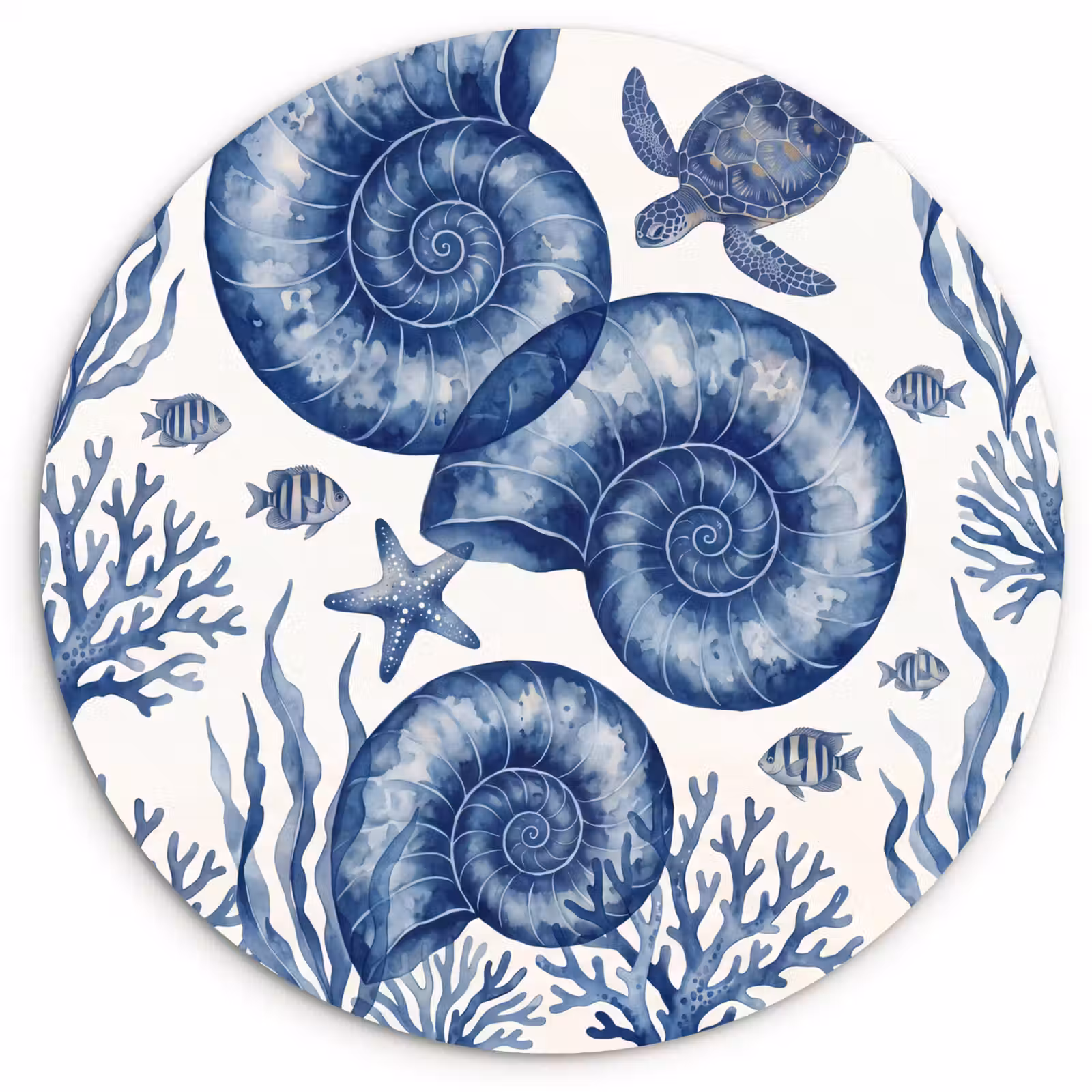 Muurcirkel - Schelp - Spiraal - Zeeleven - Aquarel - Blauw — 1