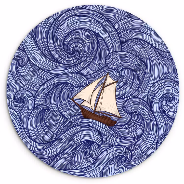 Muurcirkel - Schip - Golven - Zee - Illustratie - Blauw — 1
