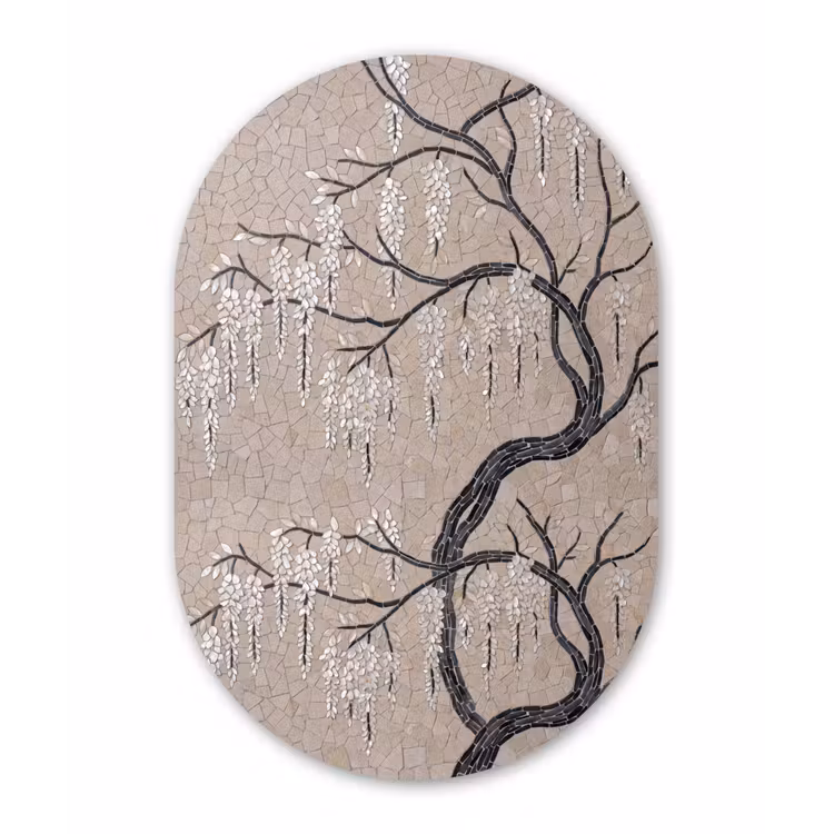 Muurovaal aluminium - Boom - Bloemen - Mozaïek - Kunst - Wit — 1