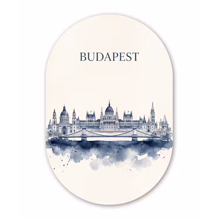Muurovaal aluminium - Boedapest - Skyline - Architectuur - Aquarel - Blauw — 1