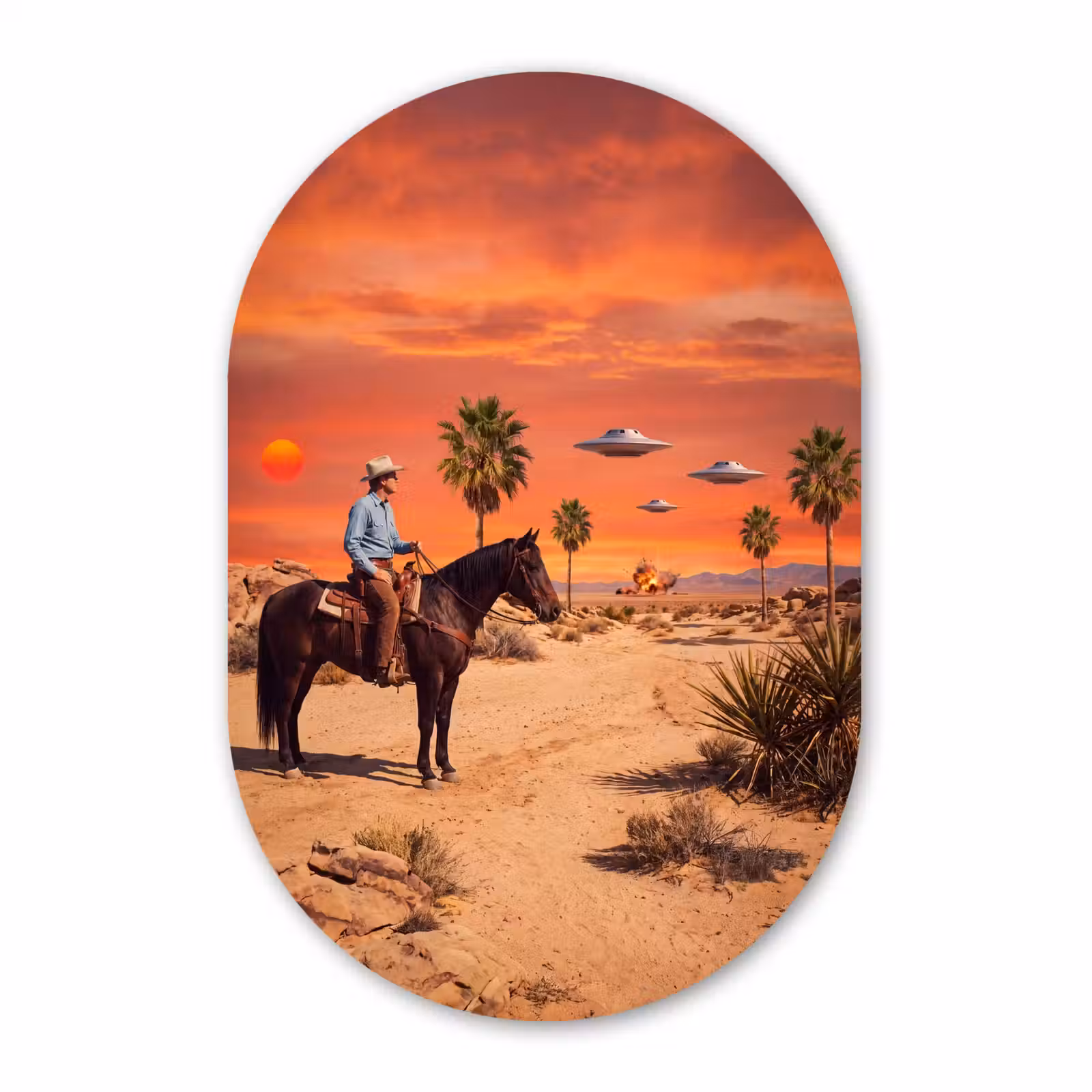 Muurovaal aluminium - Cowboy - Paard - Woestijn — 1