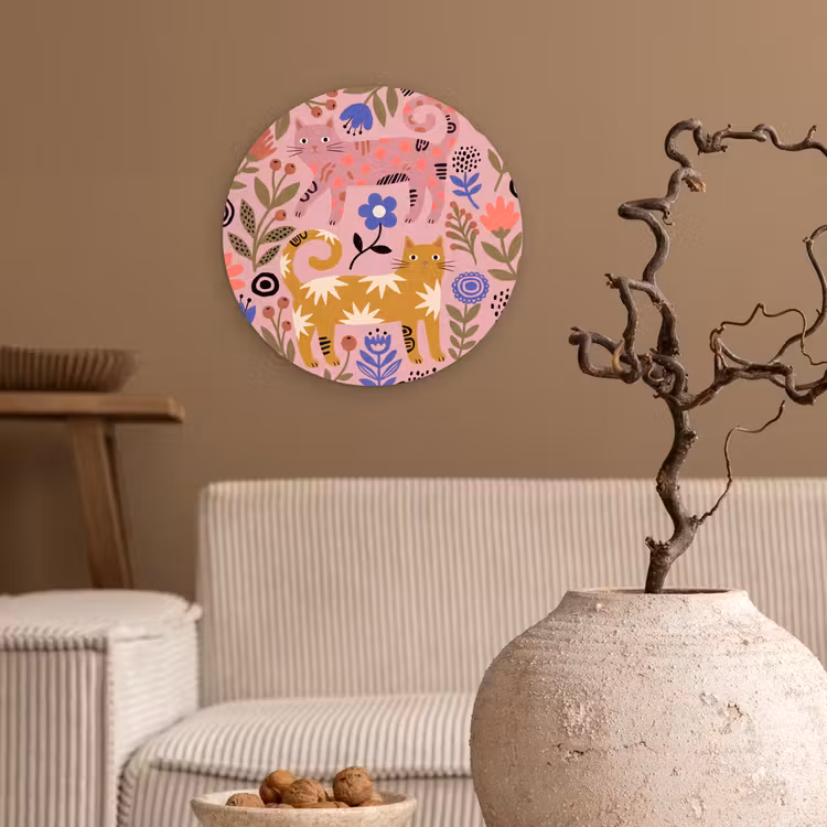 Muurcirkel - Kat - Bloemen - Dieren - Modern - Roze — 2