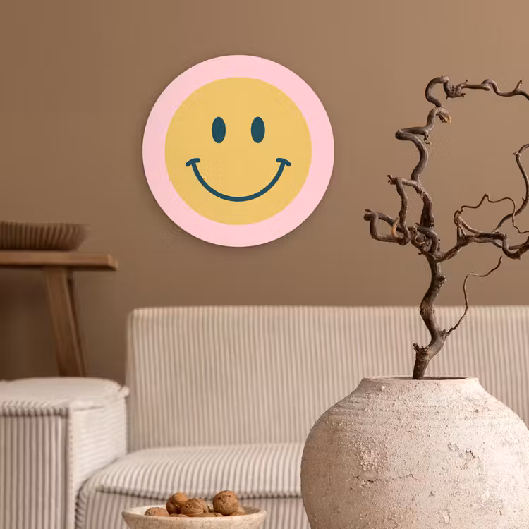 Muurcirkel - Smiley - Geel - Roze - Symbool - Minimalistisch — 2