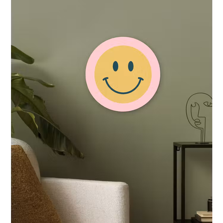 Muurcirkel - Smiley - Geel - Roze - Symbool - Minimalistisch — 3