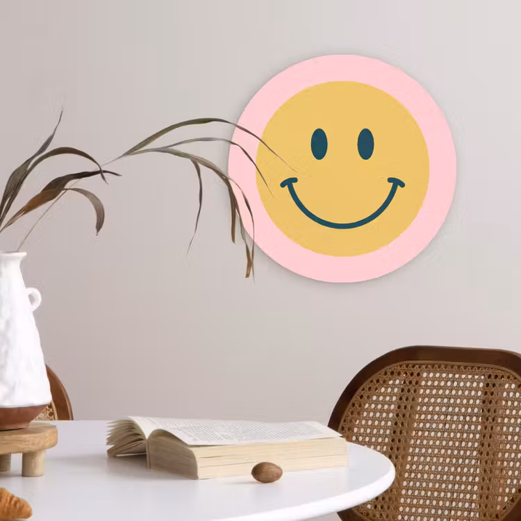Muurcirkel - Smiley - Geel - Roze - Symbool - Minimalistisch — 4