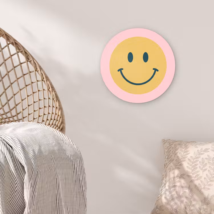 Muurcirkel - Smiley - Geel - Roze - Symbool - Minimalistisch — 5