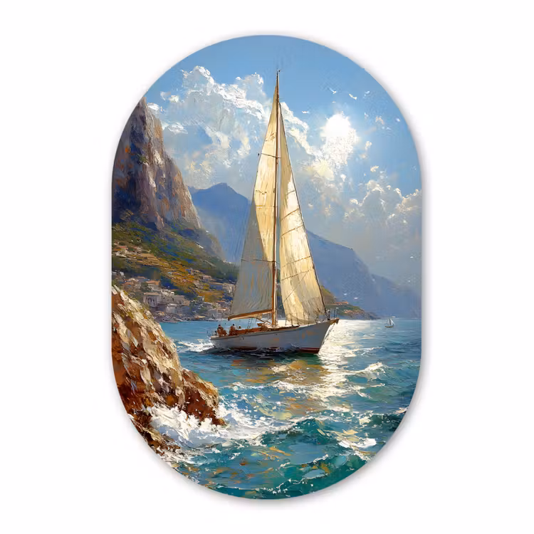 Muurovaal aluminium - Zeilschip - Zee - Rotsen - Wolken — 1