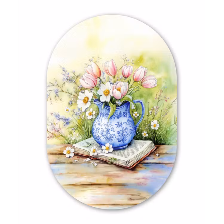 Muurovaal aluminium - Vaas - Delftsblauw - Madeliefjes — 1