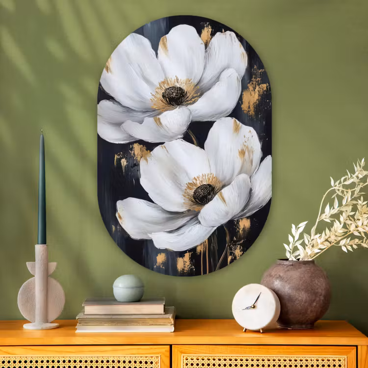Muurovaal - Glas - Bloemen - Wit - Abstract — 2
