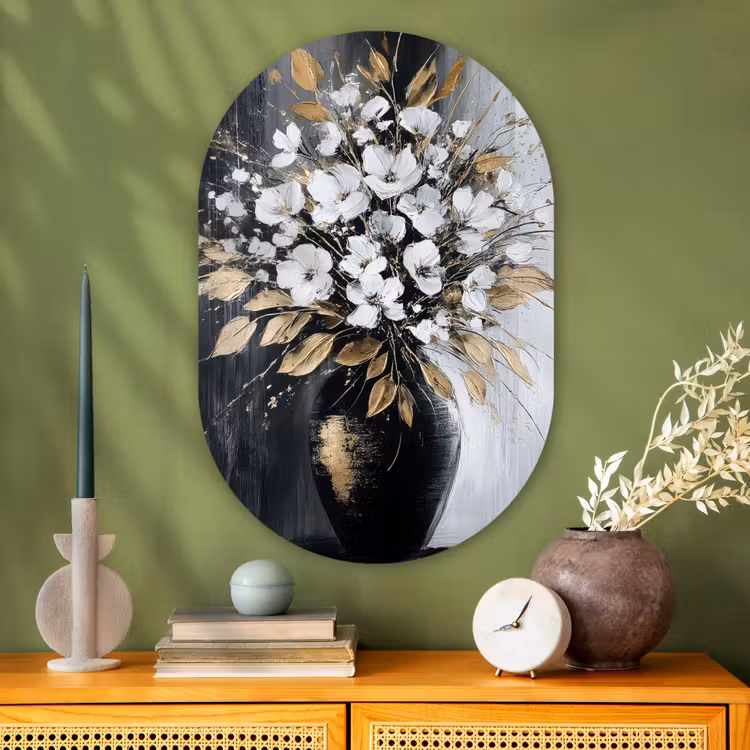 Muurovaal - Glas - Bloemen - Wit - Vaas - Abstract — 2