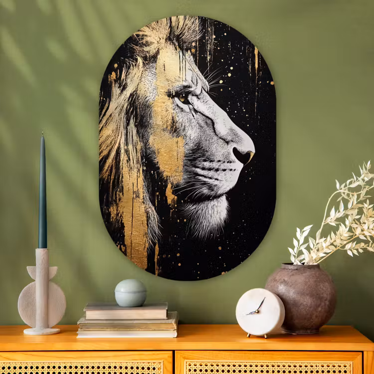 Muurovaal - Glas - Portret - Leeuw - Abstract - Goud — 2