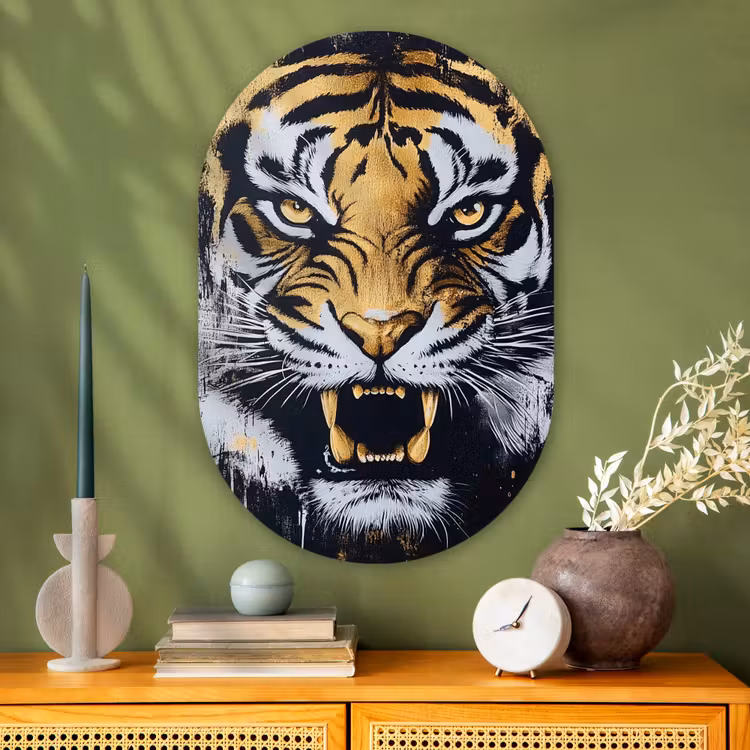 Muurovaal - Glas - Tijger - Verfspatten - Goud — 2