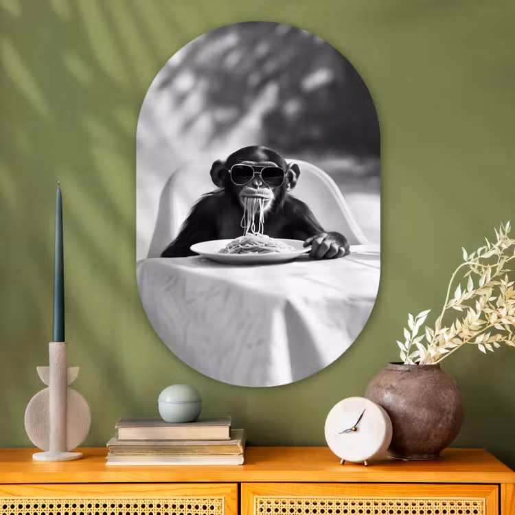 Muurovaal - Glas - Aap - Spaghetti - Zonnebril - Zwart wit - Cool - Dier — 2