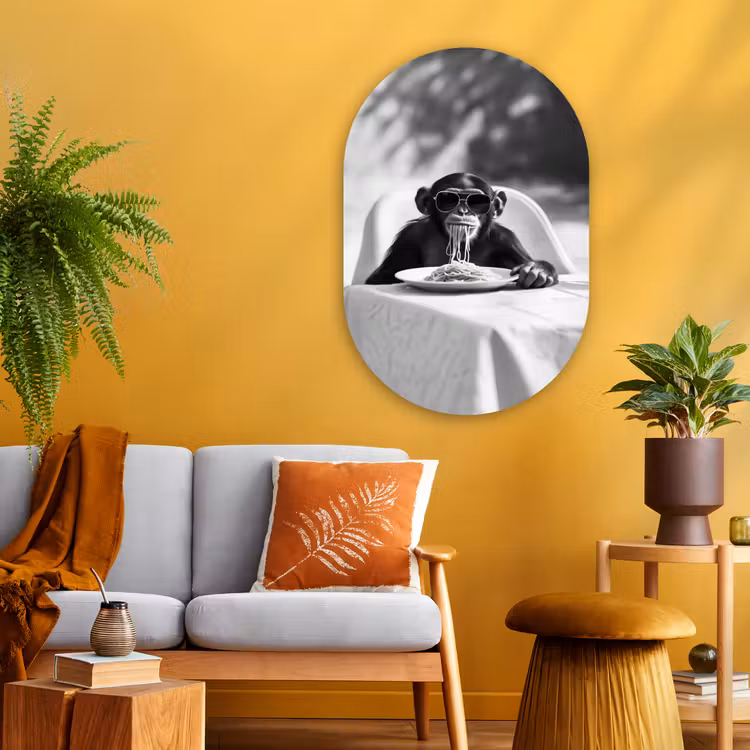 Muurovaal - Glas - Aap - Spaghetti - Zonnebril - Zwart wit - Cool - Dier — 3