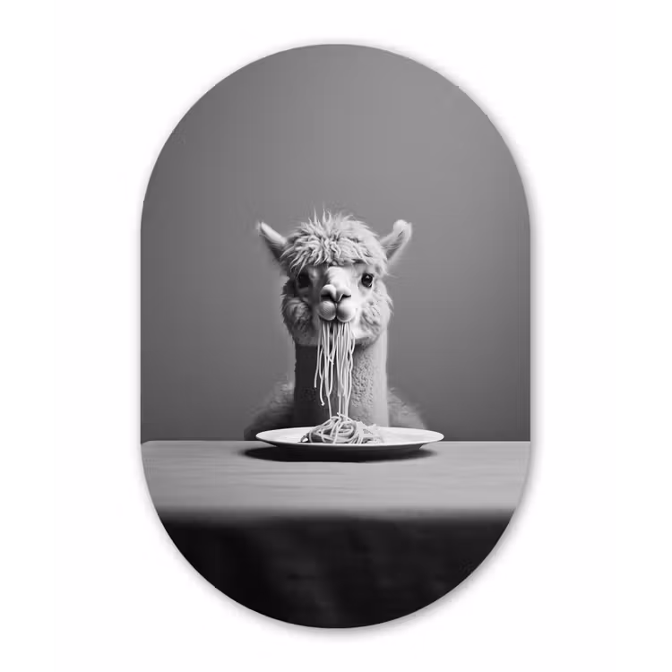 Muurovaal - Glas - Alpaca - Pasta - Zwart - Wit - Grappig - Dieren — 1