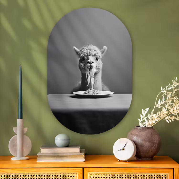 Muurovaal - Glas - Alpaca - Pasta - Zwart - Wit - Grappig - Dieren — 2