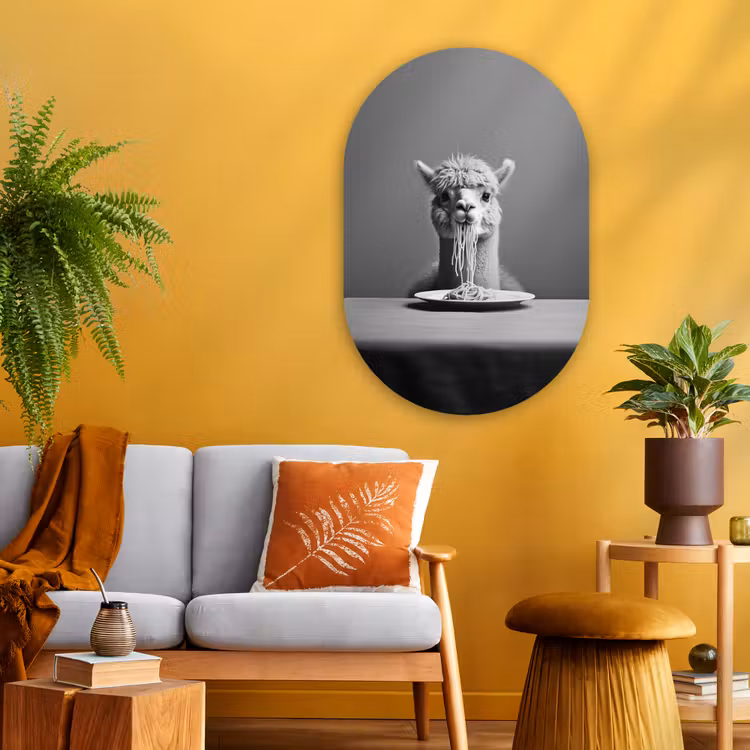 Muurovaal - Glas - Alpaca - Pasta - Zwart - Wit - Grappig - Dieren — 3