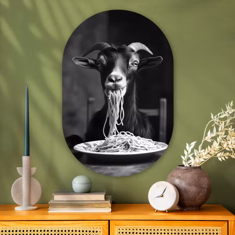 Muurovaal - Glas - Geit - Bord - Spaghetti - Zwart Wit — 2