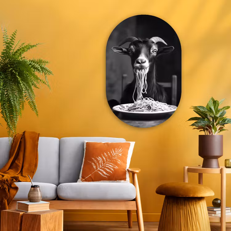 Muurovaal - Glas - Geit - Bord - Spaghetti - Zwart Wit — 3