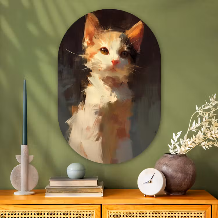 Muurovaal - Glas - Kat - Geschilderd - Artistiek - Wit — 2