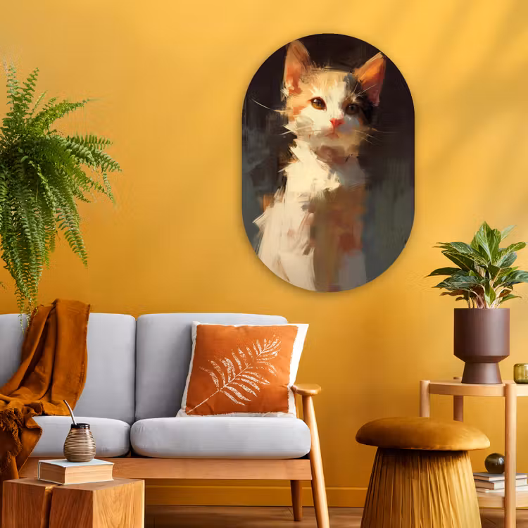 Muurovaal - Glas - Kat - Geschilderd - Artistiek - Wit — 3